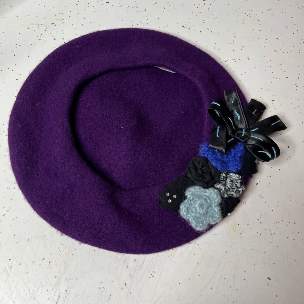 Alessandra Bacci Firenze Purple Women’s Wool Beret Floral Ribbon Detail Vintage - Picture 4 of 6
